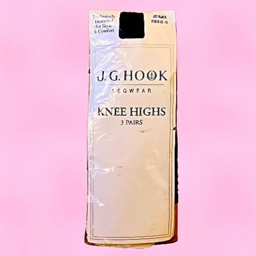 Vintage J.G. Hook Nylon KNEE HIGH Stockings Jet Black Lot of 3 Pairs New